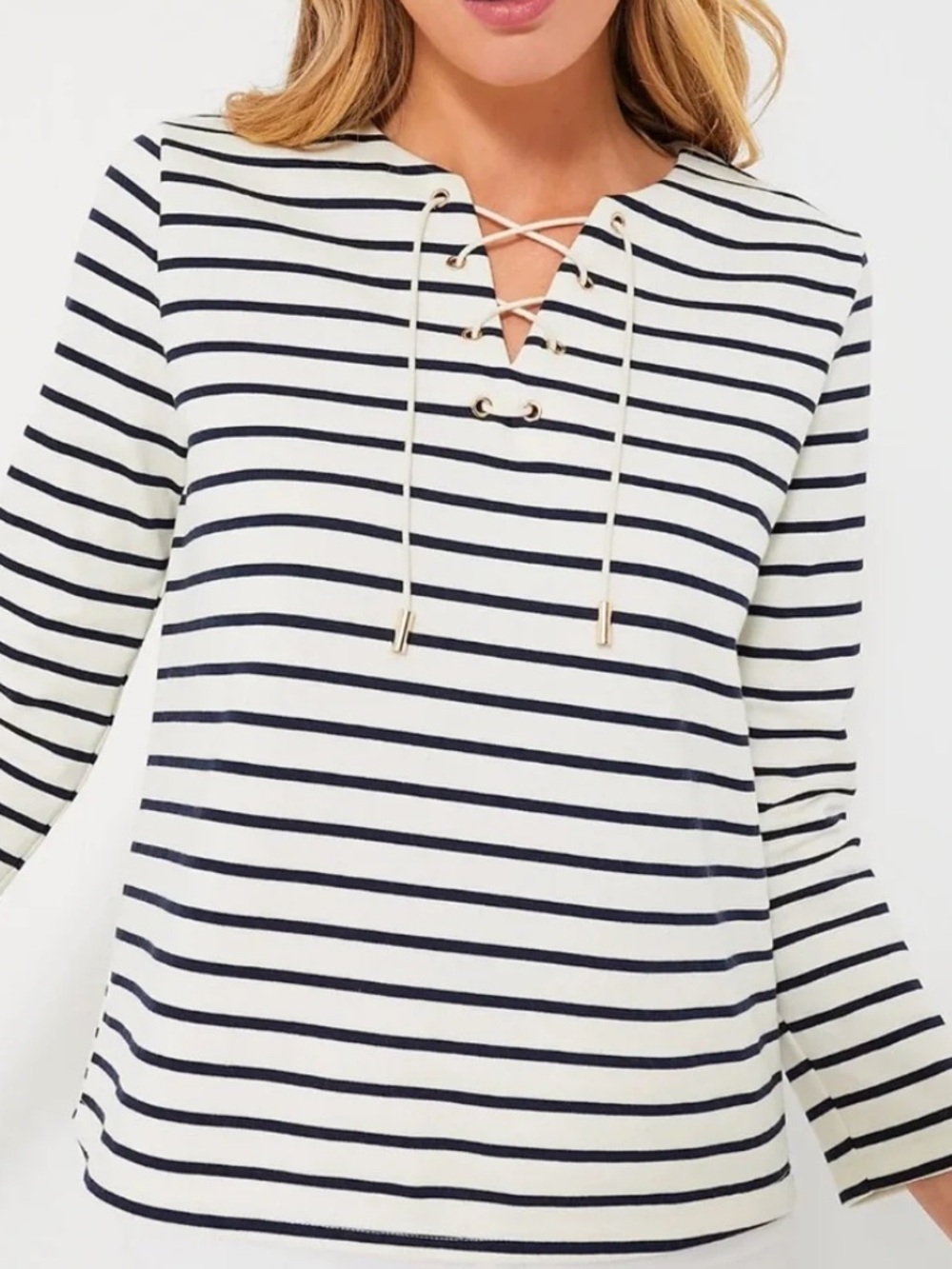 Striped Lace-Up Pullover Top in White and Navy